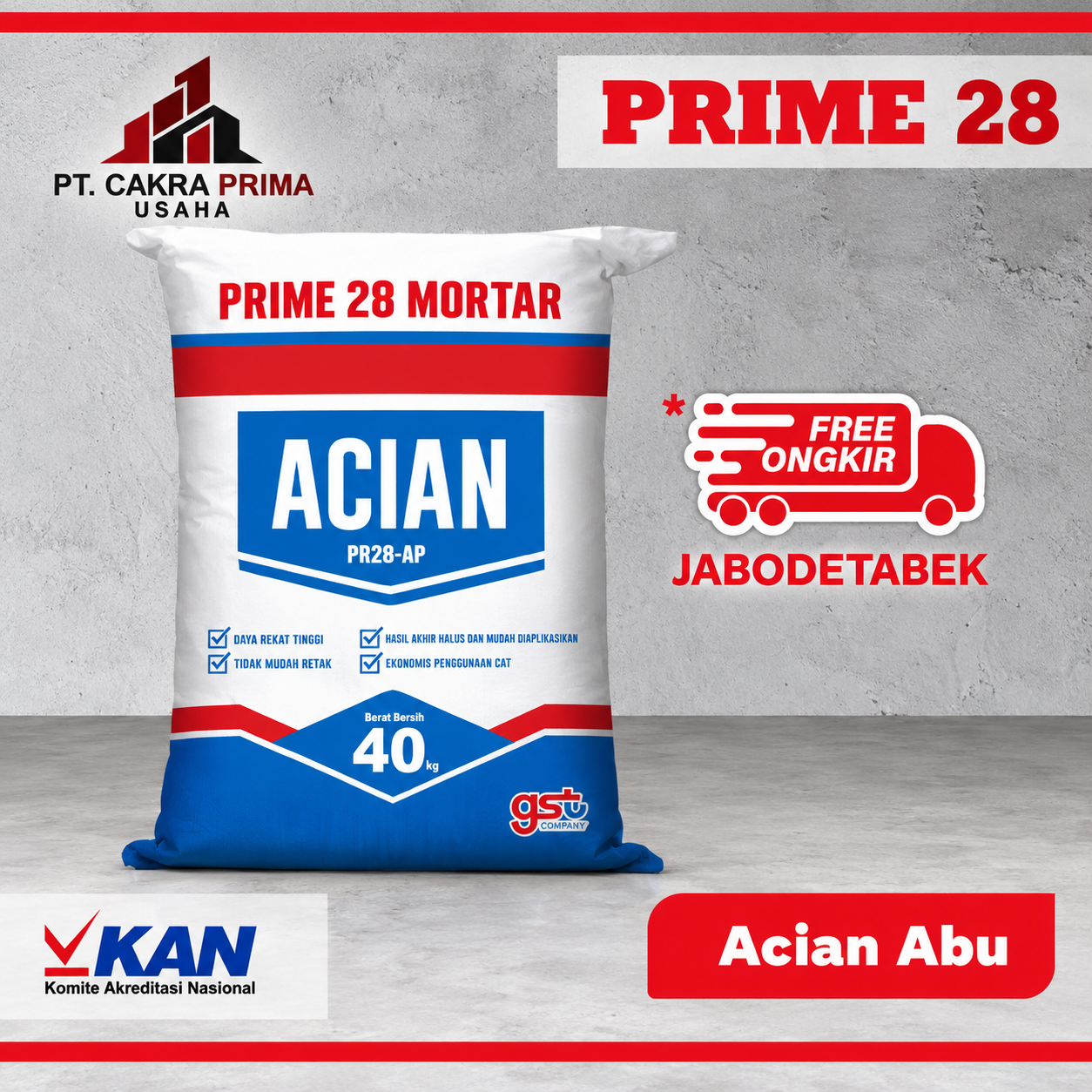 Mortar Acian Abu 40Kg - Prime 28 - cakraprimausaha.com